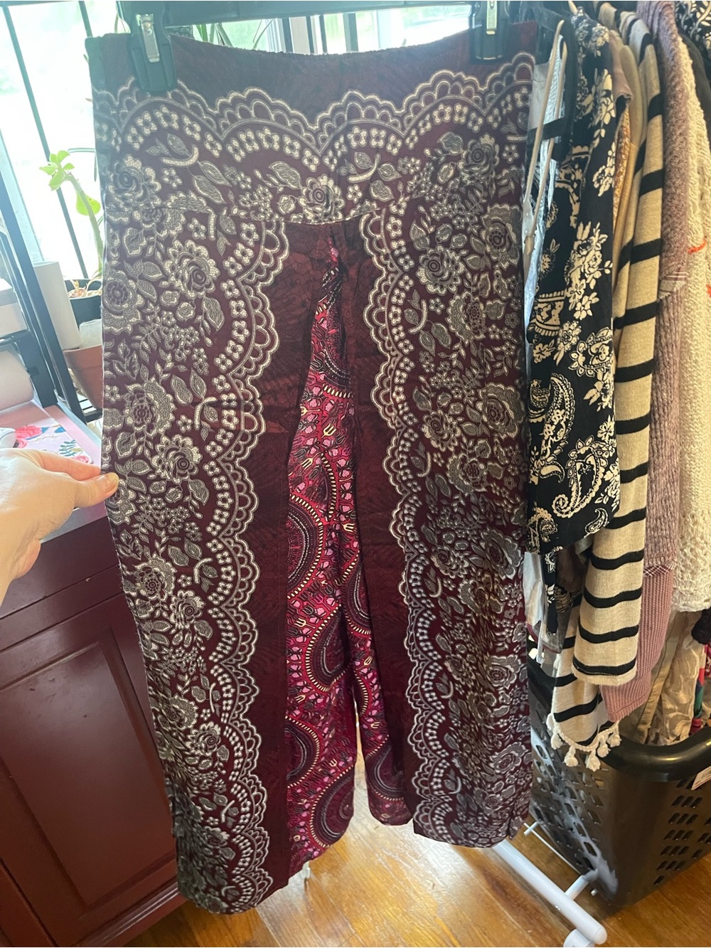 Paisley Panel Boho Pants in Deep Burgundy with Pink Accents